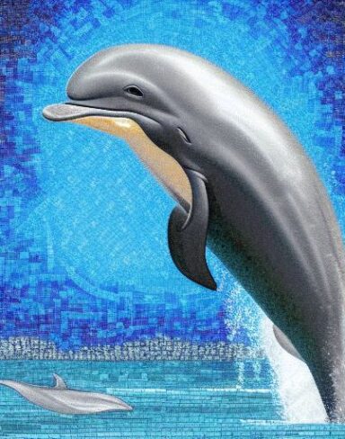 A mosaic of a dolphin swimming in the marine ocean inspired by Charles Ginner