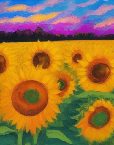 A oil painting of sunflowers in the field
