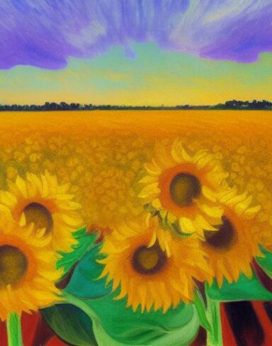 A oil painting of sunflowers in the field