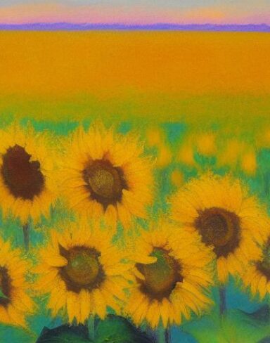 A oil painting of sunflowers in the field
