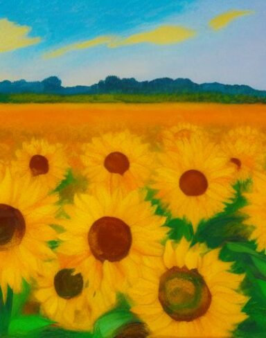 A oil painting of sunflowers in the field