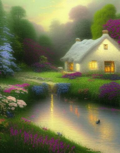 A painting of a cottage near a river with many flowers