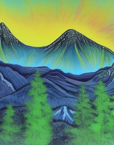 A painting of a forest and mountain