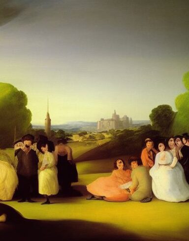 A painting of a group of couples having fun on the green land by Francisco de Holanda