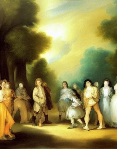 A painting of a group of people in the forest