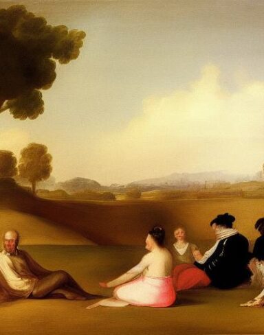 A painting of a group of people sitting on the grass by Francisco de Holanda