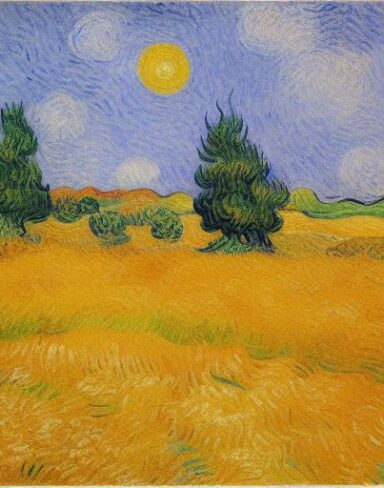 A painting of a wheat field with cypress trees