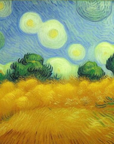 A painting of a wheatfield with cypress trees