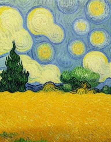 A painting of a wheatfield with cypress trees