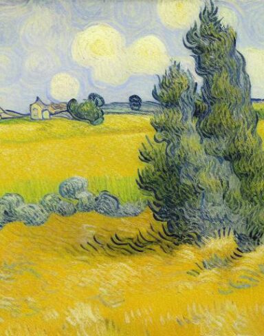 A painting of a wheatfield with cypress trees