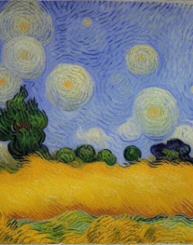 A painting of a wheatfield with cypress trees