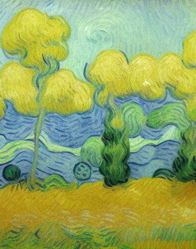 A painting of a wheatfield with trees