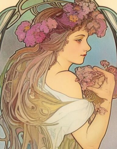 A painting of a woman with flowers in her hair