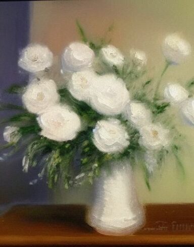 A painting of beautiful white flowers in a vase on a table