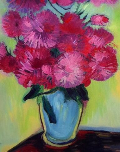 A painting of few pink flowers in a vase