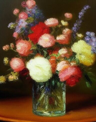 A painting of flowers in a vase on a table