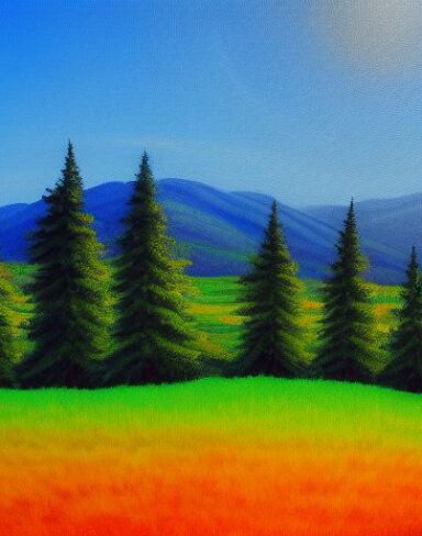 A painting of lots of trees in a field