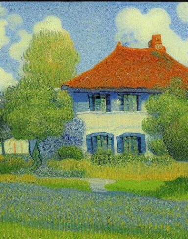 A painting of one house in a garden