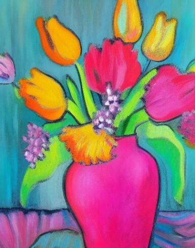 A painting of pink flowers in a vase