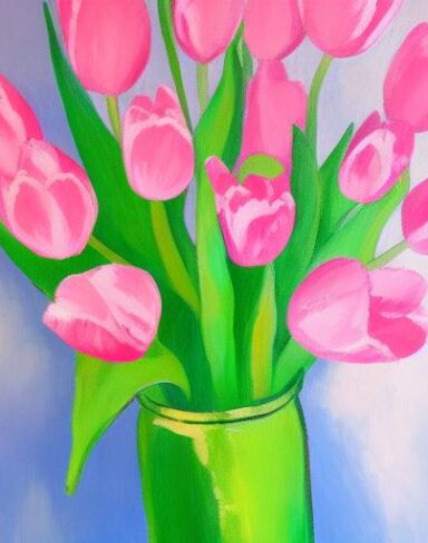 A painting of pink tulips in a vase