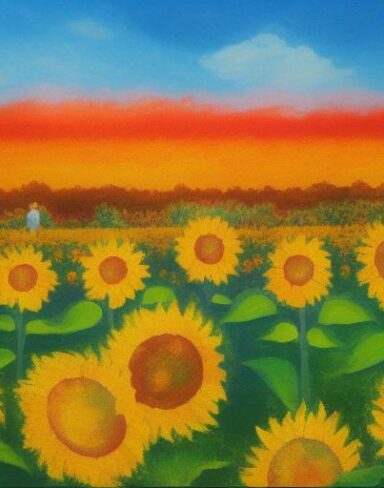 A painting of sunflowers in a field