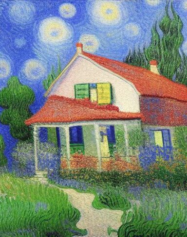 A painting of the house in a garden with flowers