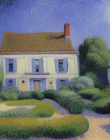 A painting of the house in the garden