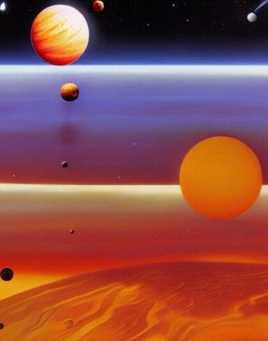 A painting of various planets in space