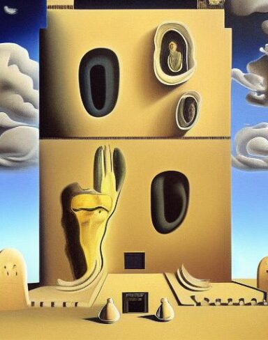 A painting on the side of a building in the sky