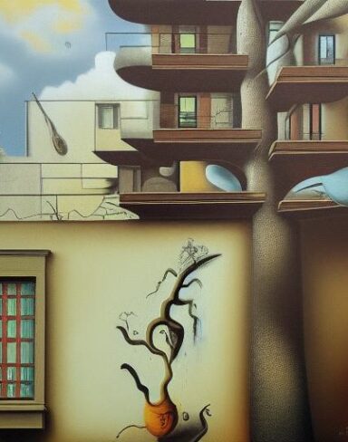 A painting on the side of a building with a tree nearby