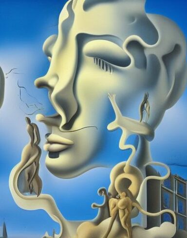 A painting on the side of a building with sculptures and sky