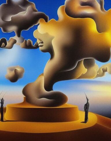 A painting on the side of a building with sculptures and sky