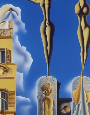 A painting on the side of a building with sculptures and sky