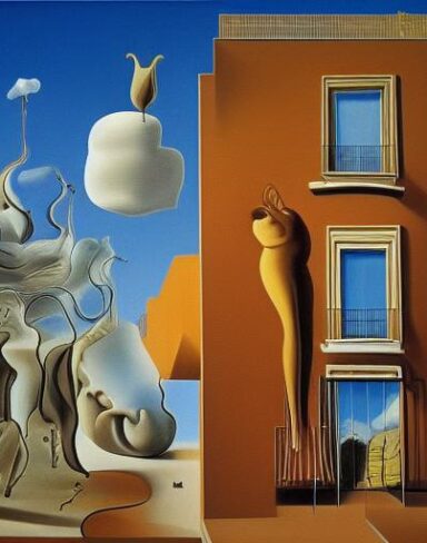 A painting on the side of a building with sculptures and sky