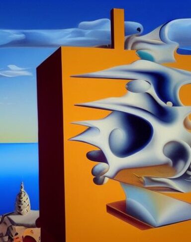 A painting on the side of a building with sky