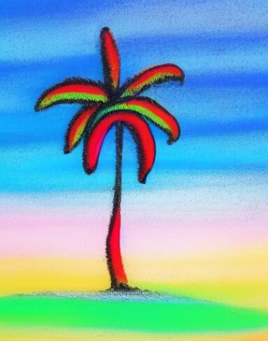 A palm tree on a beach
