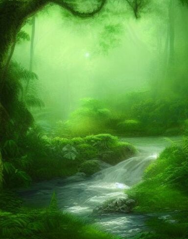 A stream running through the lush green forest