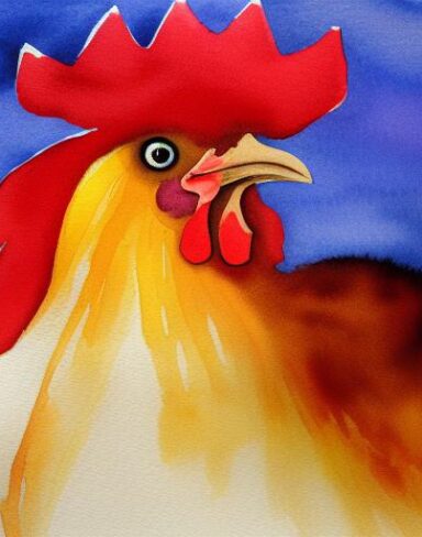 A watercolor painting of the rooster