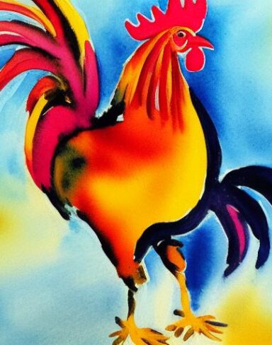 A watercolor painting of the rooster