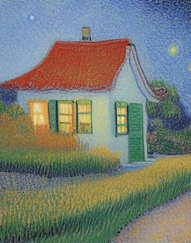 Art painting of one house in garden