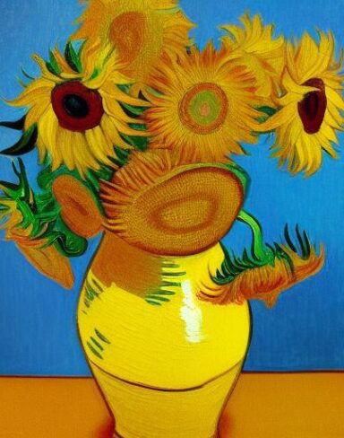 Art painting of sunflowers and vase