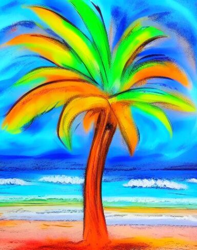 Color painting of a palm tree on a beach