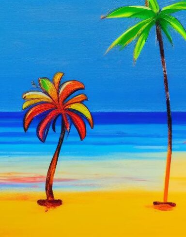 Color painting of a palm tree on a beach