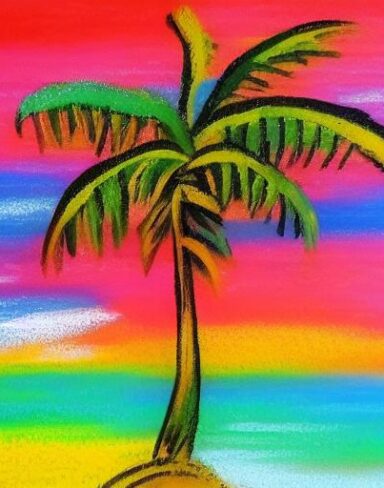Color painting of a palm tree on a beach