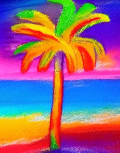 Color painting of the palm tree on a beach