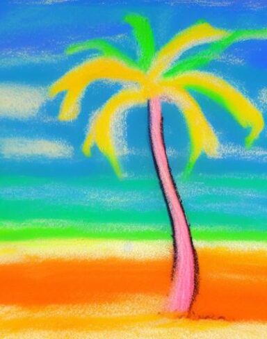 Color painting of the palm tree on a beach