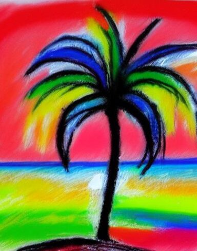 Color painting of the palm tree on a beach