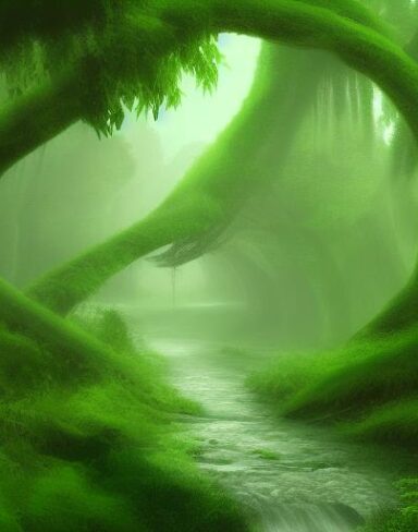 Curve stream running through a green forest