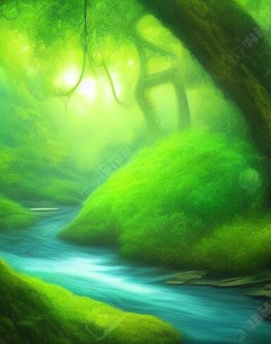 Curve stream running through a green forest