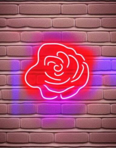 Flower neon sign on a brick wall